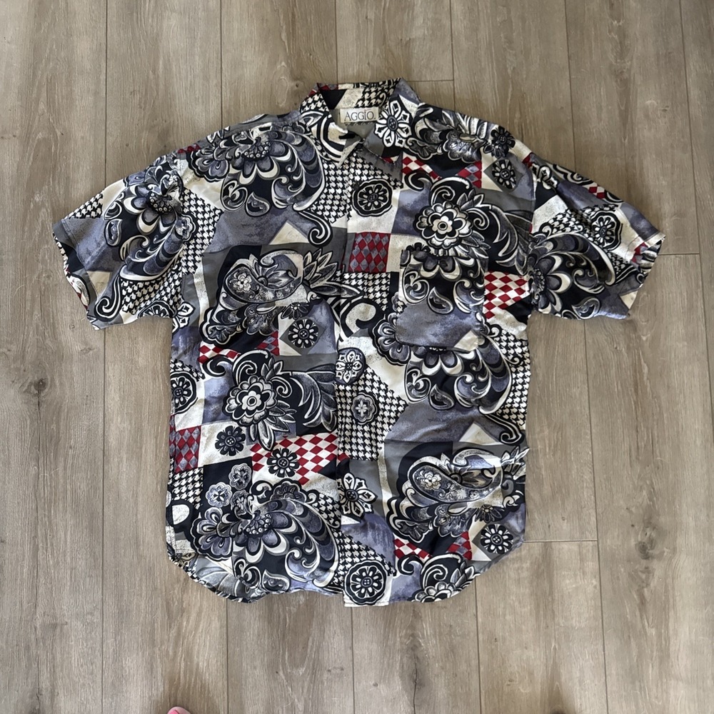 Aggio VTG 80s/90s Silk Button Down Geo Abstract Black White Red Men's‎ L